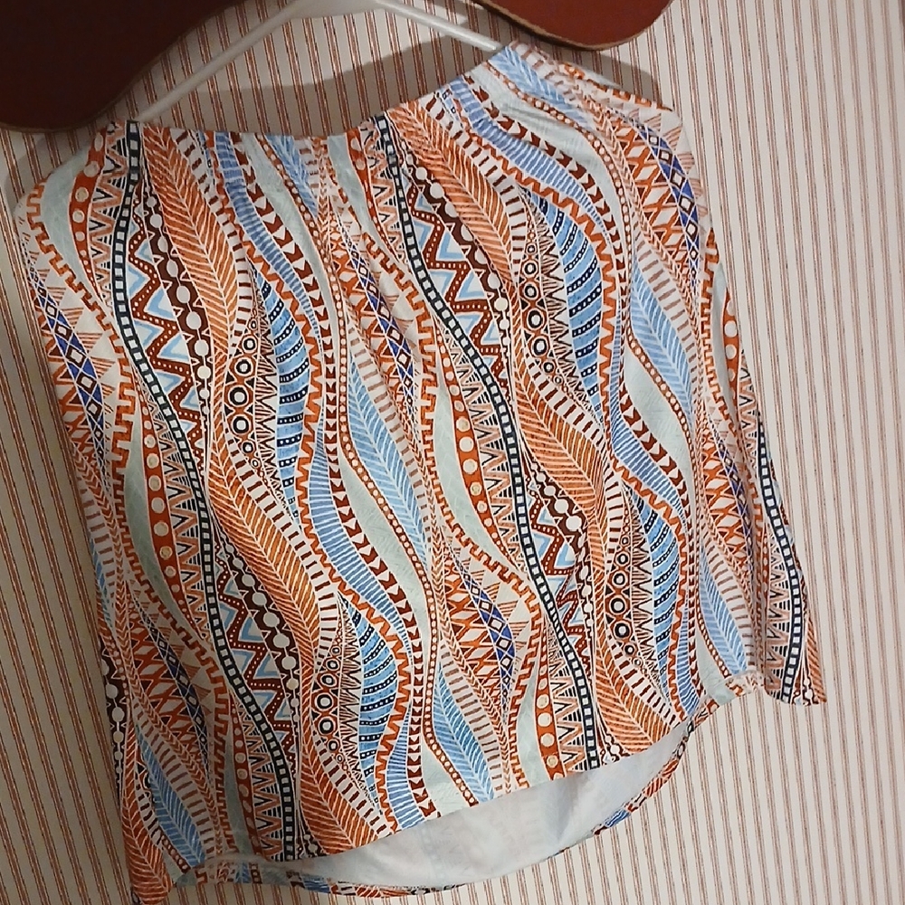 Patterned Boho Strapless Top in Blue, Rust & White - image 1